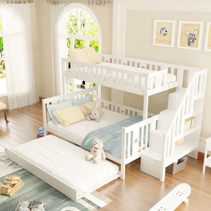 Lit superposé 90x200/140x200 cm avec lit gigogne Lit enfant avec escalier de sécurité Lit 2 personnes avec cadre de lit Blanc