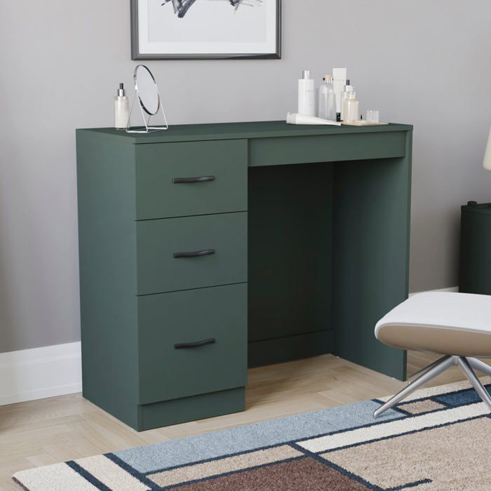 Coiffeuse Riano verte avec 3 tiroirs – Bureau maquillage meuble de chambre