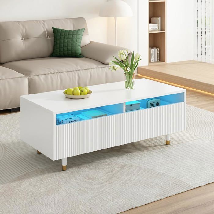 Table basse LED blanche 110×50×40 cm 2 tiroirs ondulés bande LED 7 couleurs pieds en bois massif