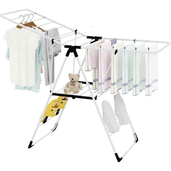 GIANTEX Séchoir/Étendoir à Linge Pliable à 2 Niveaux-Ailes Réglables-19 barres de Séchage-4 étagères à chaussures-Cadre en Acier GIANTEX Séchoir/Étendoir à Linge Pliable à 2 Niveaux-Ailes Réglables-19 barres de Séchage-4 étagères à chaussures-Cadre en Acier