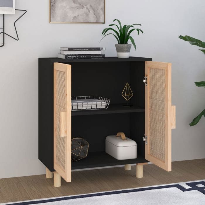 Noir Buffet de rangement - SOLOMOON - Commode salon - Noir 60x30x70 cm - Bois de pin massif et rotin naturel FR4489