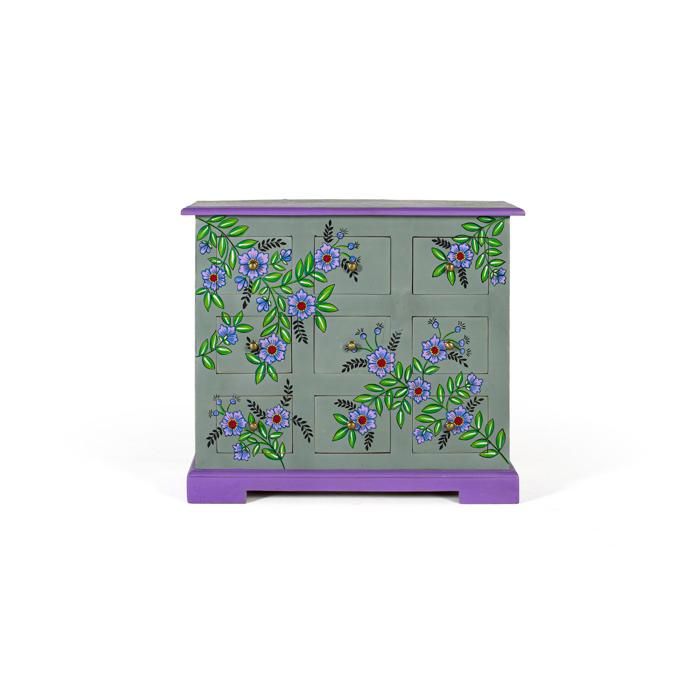 Commode en bois de manguier peinte à la main - 9 tiroirs - 70 5x31x60 5 cm - Vert grisâtre - Motif floral - Bois massif