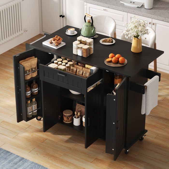 Îlot de Cuisine avec Rangement IntégréPlan de Travail Extensible4 Portes 1 Tiroir Roulettes avec Freins120x45(70)x95cmNoir