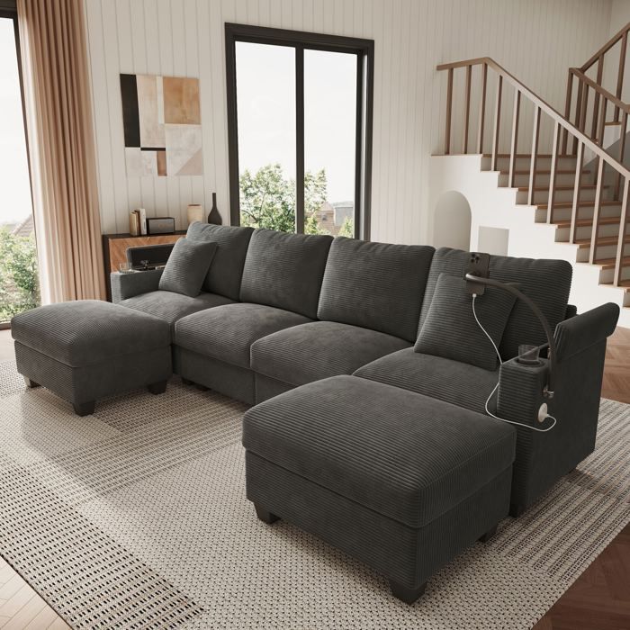 Canapé dangle en U fonction couchage canapé modulaire gris velours côtelé support pour téléphone portable port de recharge USB