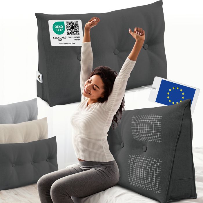 ELONEO coussin dossier lit 100 cm coussin triangulaire de lecture cale-dos avec housse lavable et poche latérale anthracite