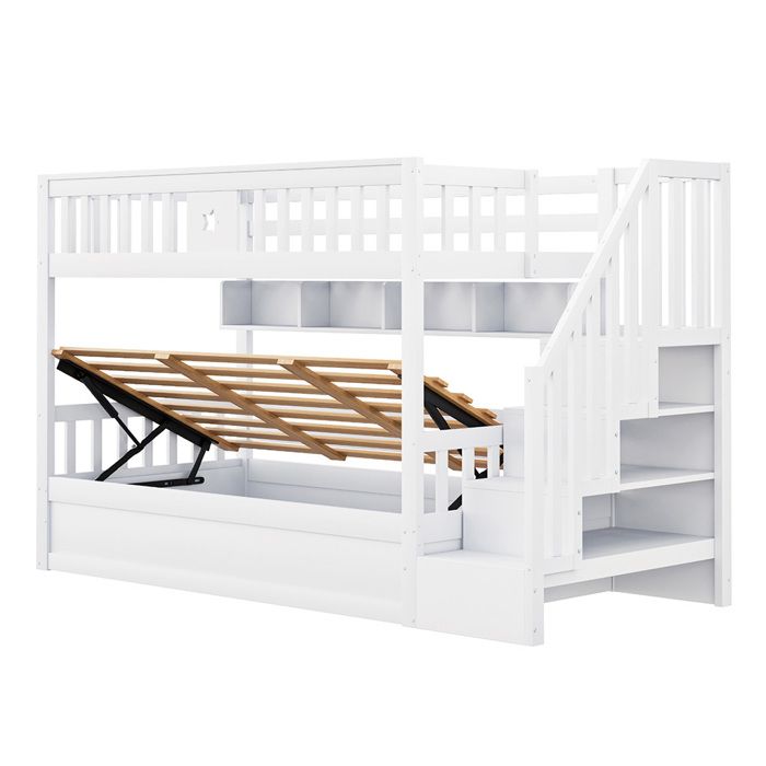 Lit superposé- lit en bois 90x200cm- hydraulique sous lit- avec escalier et étagères de rangement- lit denfant- blanc- sans matelas Lit superposé- lit en bois 90x200cm- hydraulique sous lit- avec escalier et étagères de rangement- lit denfant- blanc- sans matelas