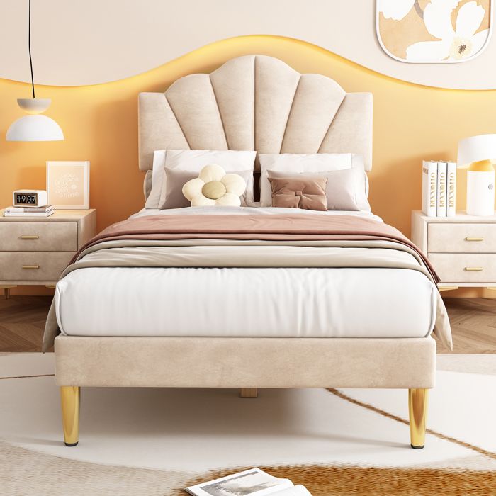 Lit - KOMHTOM - Coquille - Velours Beige - 90x200 cm - Pieds métal doré