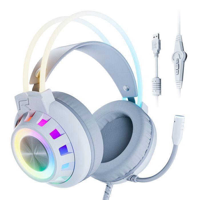 LOSEI Casque Gaming Filaire Hi-Res 7.1 Haut-parleurs 50mm Micro Flexible Câble USB 21m RGB pour PC/PS4/PS5/Xbox/Switch Blanc