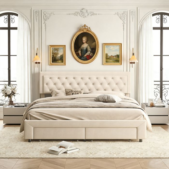 Lit adulte 160x200 cm avec rangement et sommier à lattes lit 160x200 cm avec 2 tiroirs lit double tissu en velours beige