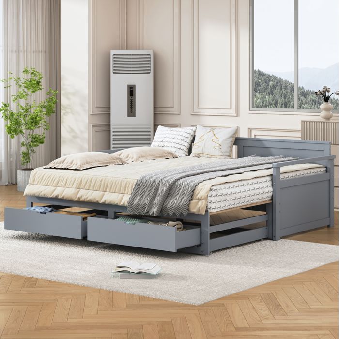 Lit combiné banquette 180×190 cm avec 2 tiroirs et lit gigogne - BEAUNIV - sans matelas bois gris