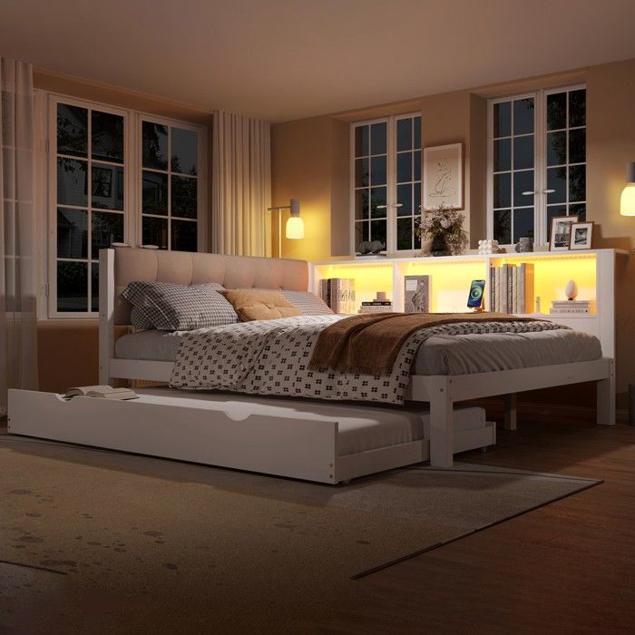 Lit escamotable - Daybed 140x200 cm - LED intégré dimmable - Interface USB - Étagères latérales 3 niveaux