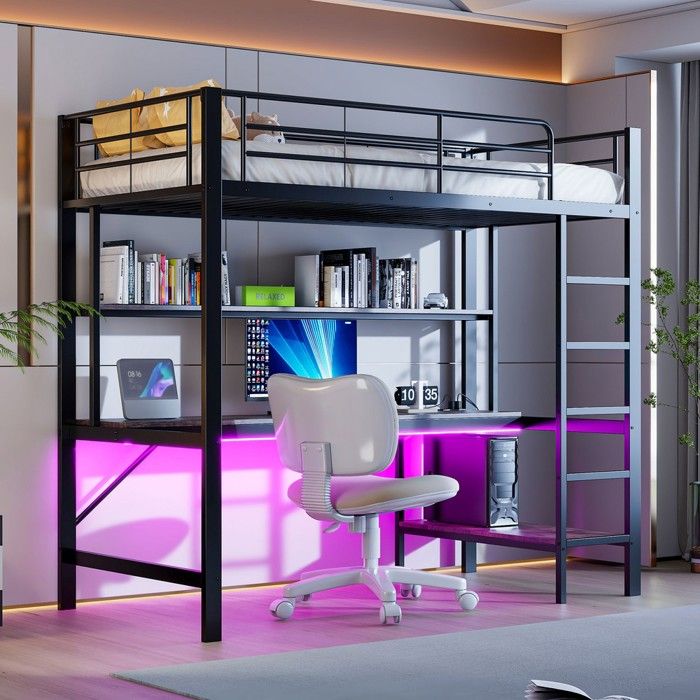 Lit superposé - N636P257315B - 90x200 métal - LED 7 couleurs - Bureau étagères prises USB