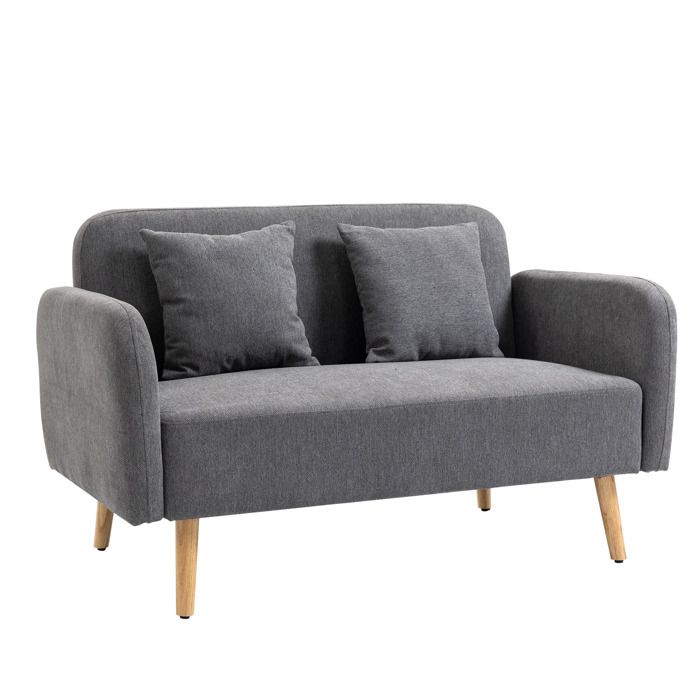 Canapé 2 places -  - Gris - Polyester aspect velours - 130x70x80 cm - 2 coussins inclus - Repose-pieds réglables