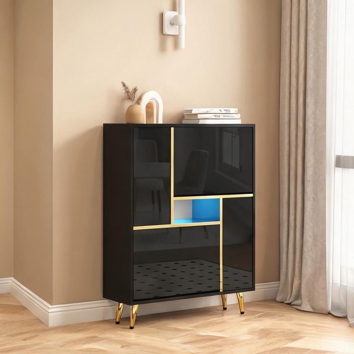 Meuble à chaussures pour hall d’entrée design jet black brillant et doré 2 portes avec éclairage LED 16 couleurs 80 x 25 x 96 cm