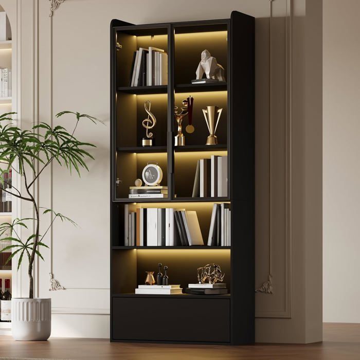 Vitrine LED avec Contrôle App Bibliothèque-180 cm - Meuble de Rangement avec Portes en Verre-6 Étagères et Tiroir-Noir pour Salon