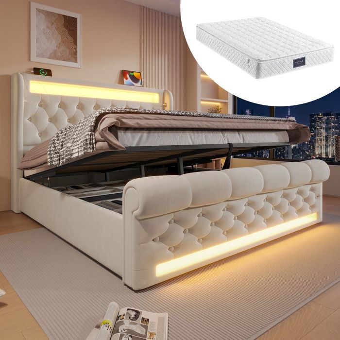 MEUBLIV Lit coffre hydraulique 140x200 cm avec matelas LED USB et Type-C velours beige