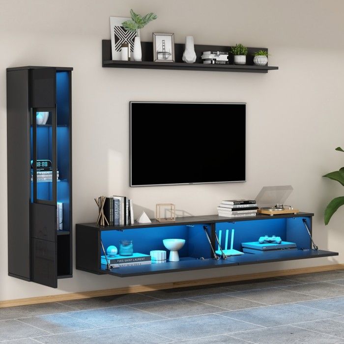 Ensemble TV Mural Noir - 3 Pièces LED Brillant - Support 80 Vitrine Étagère - Rangement Salon - Design Moderne Élégant Ensemble TV Mural Noir - 3 Pièces LED Brillant - Support 80 Vitrine Étagère - Rangement Salon - Design Moderne Élégant