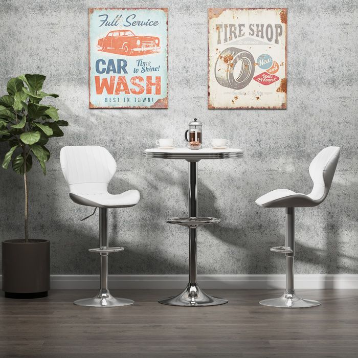 Tabouret de cuisine haut - PAGE LIVING - 47x51 5x92-114 cm - Hauteur réglable 60-82 cm - Pivotant 360° - Similicuir blanc