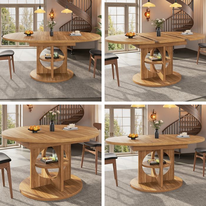 Table à manger extensible - Extensible de 110 à 150 cm - Forme ronde à ovale - Rangement intégré au centre