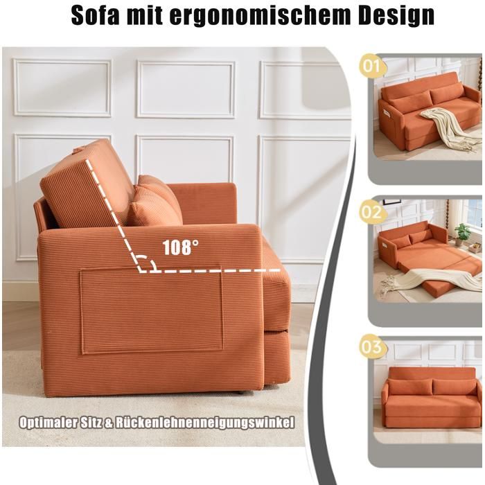 ROVRYN Canape convertible 2 places 165 x 92 x 82 cm velours cotele orange avec 2 coussins lombaires