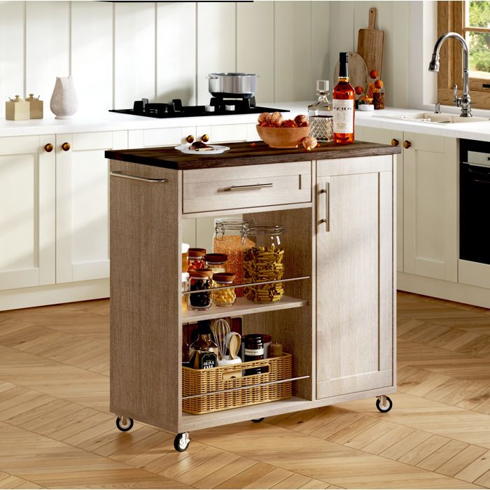 ROVRYN Desserte de cuisine mobile avec 1 tiroir 1 placard 2 étagères ouvertes MDF coloris naturel