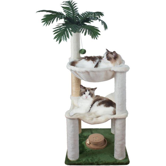 Arbre à chat 100 cm - 2 hamacs jouet en bois et griffoir sisal - Abri intégré blanc