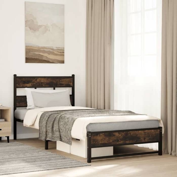 vidaXL Cadre métal chêne fumé 90x190 cm sans matelas cadre une place métallique style industriel stable pour chambre ado