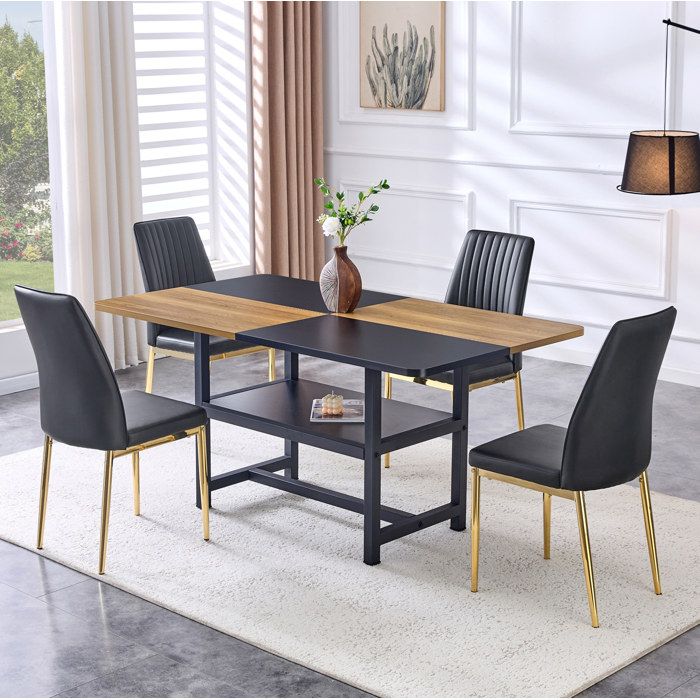 Ensemble Repas 160x90cm Noir Dore Table Rectangulaire FloraGrace Pour Salle A Manger Avec Etagere Integree 160x90cm