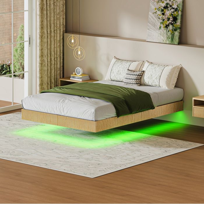 VUENOR Lit flottant 140x200 cm naturel – LED RGB structure métal sans matelas
