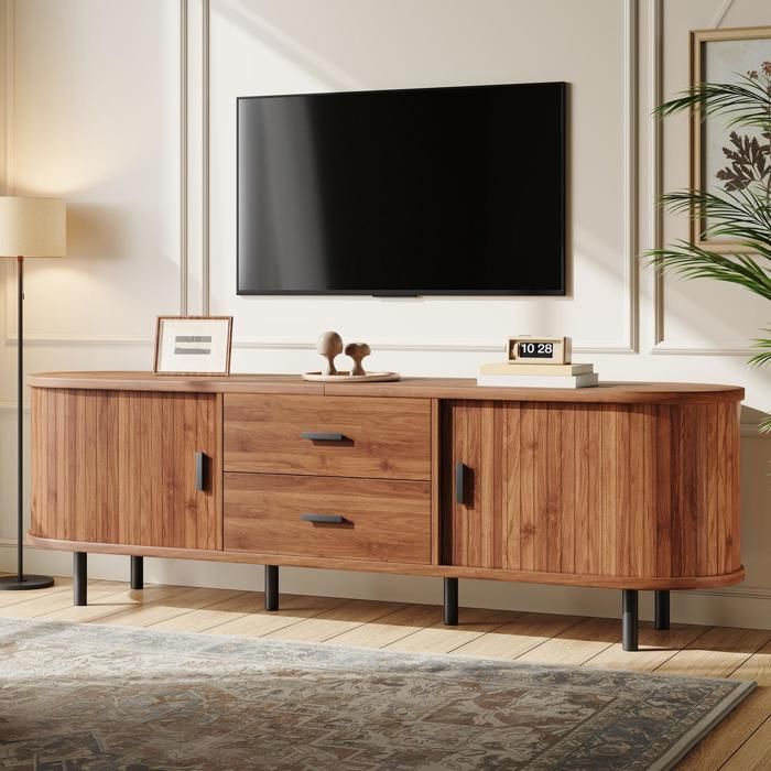 Meuble TV 160cm Meuble Télé avec 2 Portes Coulissantes et 2 Tiroirs Poignées Noires Pieds en Métal Noir Banc TV pour Salon