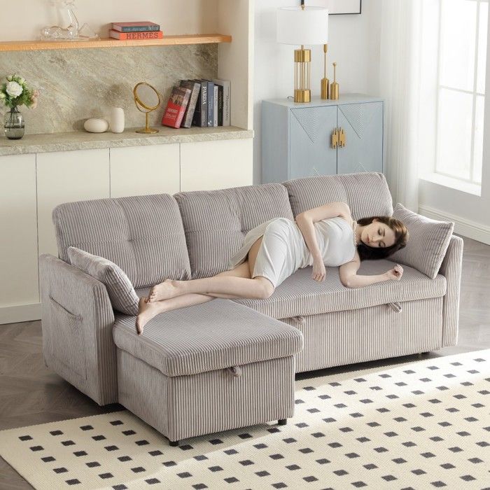 Canapé Convertible Modulable-Lit Gigogne-Rangement-Gris Clair-206x108x66cm-Salon Multifonctionnel-Confort Moderne Élégant Pratique