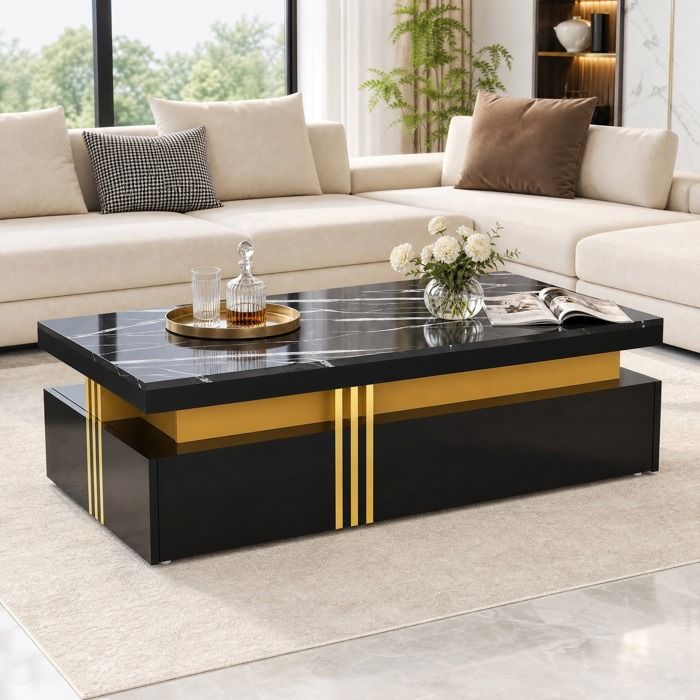 Ensemble meuble TV mural avec table basse et meuble TV effet marbre brillant - BEAUNIV - Bois - Noir
