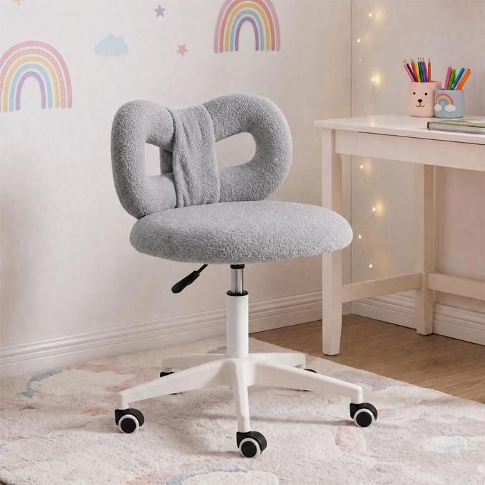 SUPFINE Chaise Tabouret de Bureau en Tissu Bouclette Roulettes Silencieuses Hauteur Réglable Chaise de Coiffeuse Rotation 360°