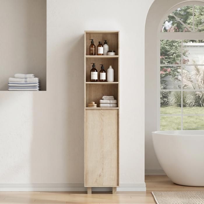 Colonne de salle de bain 162 5 cm effet chêne armoire de rangement avec portes et étagères ouvertes