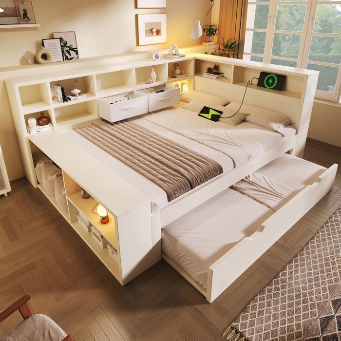 Lit double avec lit gigogne - MERAX - 140x200 - 8 niches de rangement - USB/Type-C - Couchage 90x190 Lit double avec lit gigogne - MERAX - 140x200 - 8 niches de rangement - USB/Type-C - Couchage 90x190