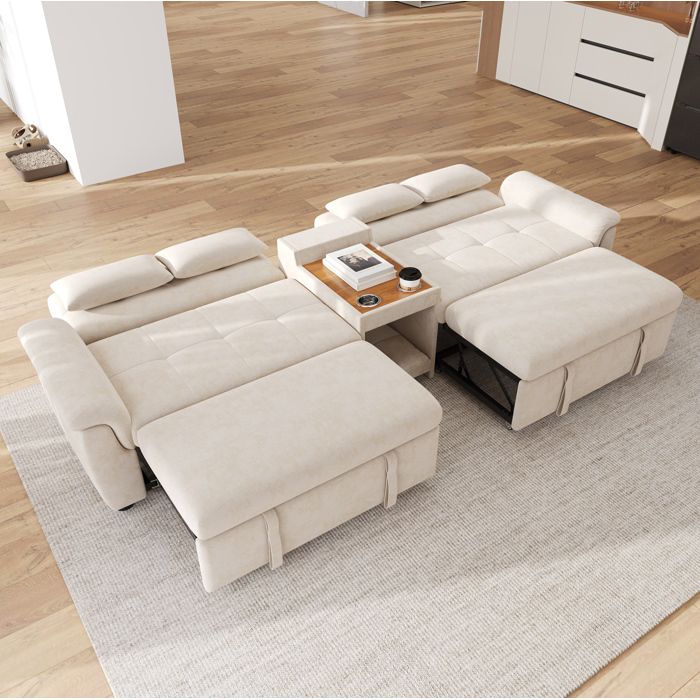 ULEVR canapé-lit convertible en U beige 284 x 138 x 89 cm chenille double couchage dossier réglable 2 porte-gobelets