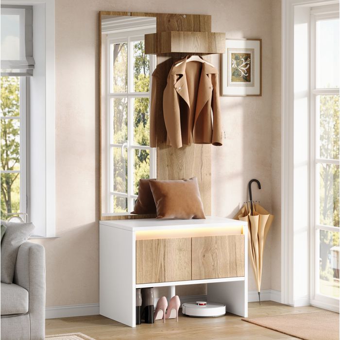 Meuble DEntrée Avec Miroir Blanc Et Naturel Vestiaire DEntrée FloraGrace Pour Entrée Et Couloir Avec 2 Tiroirs 60x38x145cm