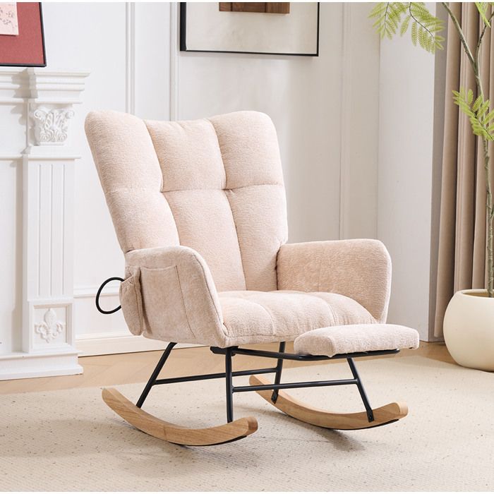 Fauteuil à bascule – Rocking chair – Chenille beige – Dossier haut accoudoirs repose-pieds