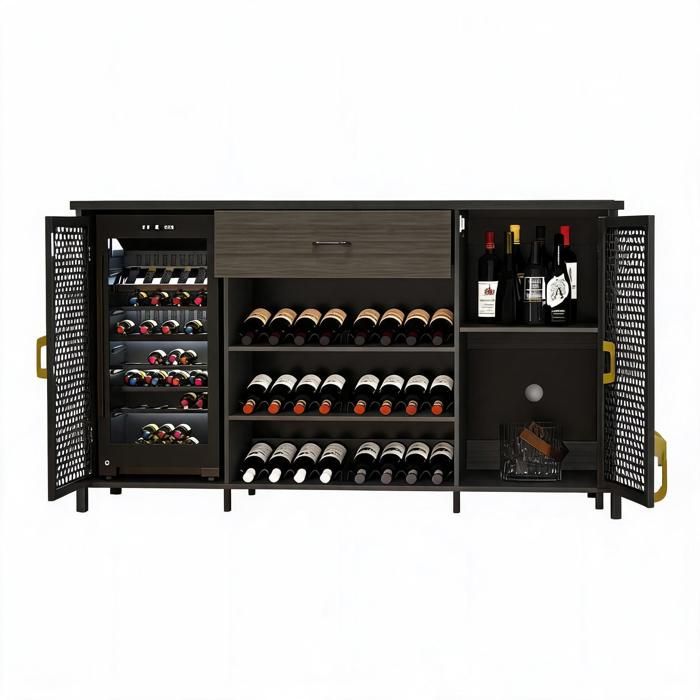 Meuble bar industriel en bois - 180 cm avec niche pour mini-frigo range-bouteilles tiroirs buffet pour salle à manger - Noir