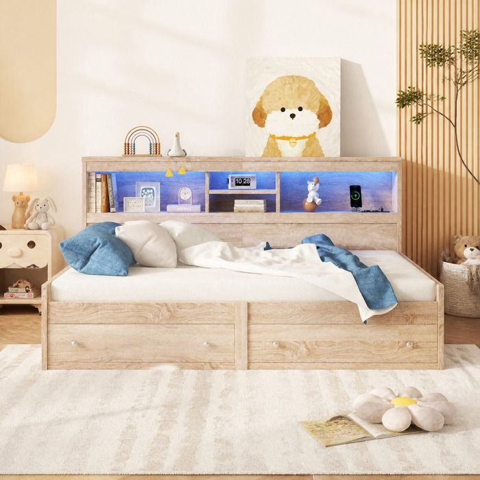 Lit banquette 90x200 canapé-lit avec tête de lit LED 2 tiroirs USB prises de charge sommier à lattes naturel ORVRYN