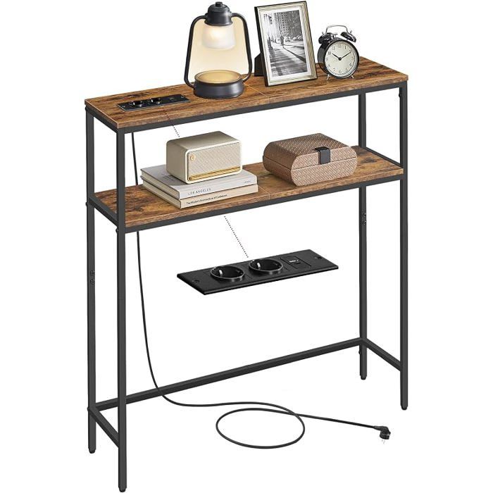 Table Console avec Prise 2 Étagères 20 x 80 x 809 cm Bout de Canapé Étroit pour Salon CouloirMarron rustique et Noir mat
