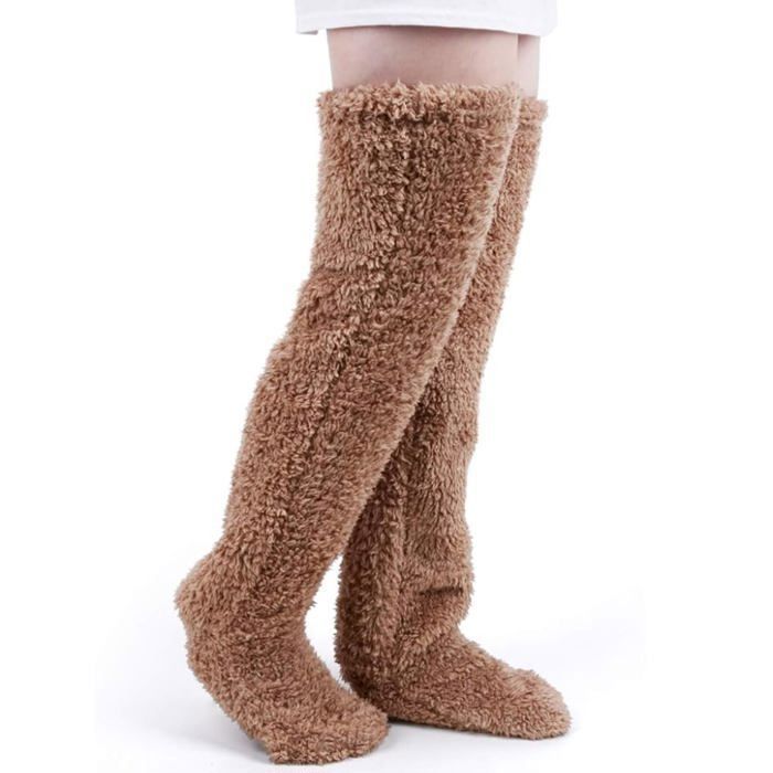 Lot de 2 Paires Chaussettes Montantes Peluche Douces Thermiques Pantoufles Genou pour Femme Fille Hiver