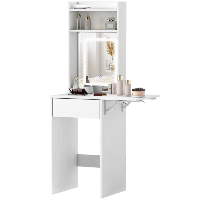 Coiffeuse 45 x 45 x 152 cm coloris blanc en bois avec éclairage LED avec miroir pliable avec niche ouverte