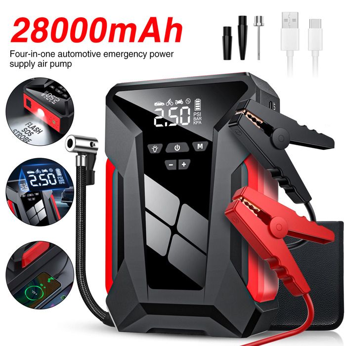 Booster Batterie Voiture 28000mAh -Démarreur de voiture 1200A -Lampe LED à 3 modes -Avec écran -Démarrage/gonflage/charge/éclairage
