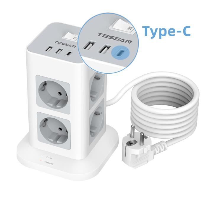 TESSAN Bloc Multiprise Electrique avec 4 Prises und 3 Ports USB  Chargeur,Interrupteur,2M,Gray - Cdiscount Bricolage