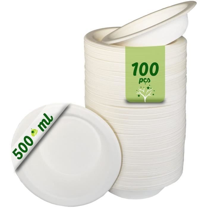 100 Bols En Bagasse Canne à Sucre 500ml - Vaisselle Jetable Biodégradable Extra Résistante