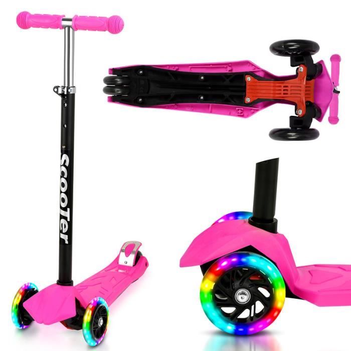KORIMEFA Trottinette Enfant de 3 à 12 Ans à 3 Roues Hauteur Réglable, Trottinette pour Filles et Garçons à PU LED Roues Lumineuses (Noir