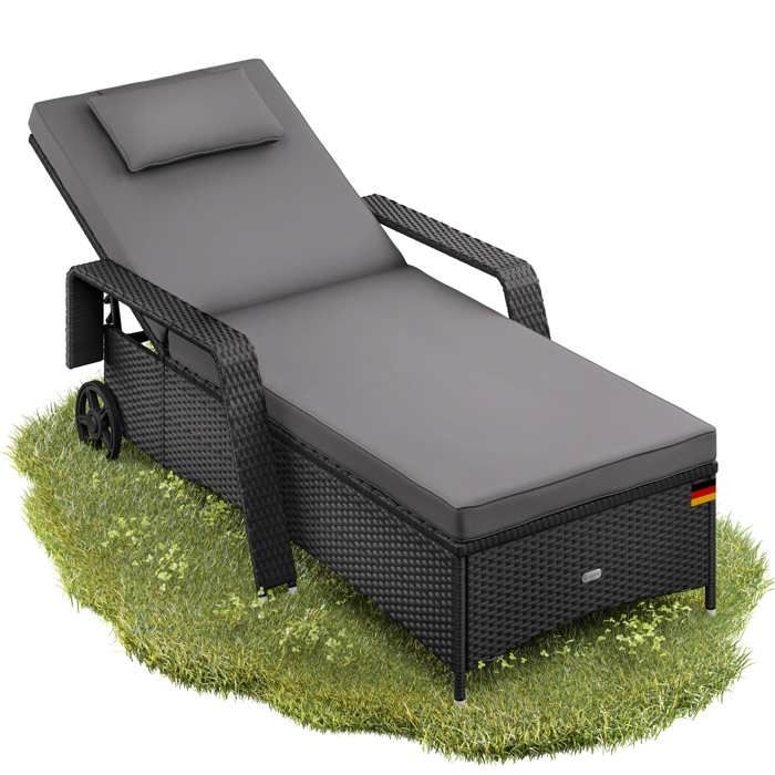 Casaria® Chaise longue en polyrotin Noir Anthracite coussin 7cm 2 roulettes Max 160kg Dossier réglable Bain de soleil jardin
