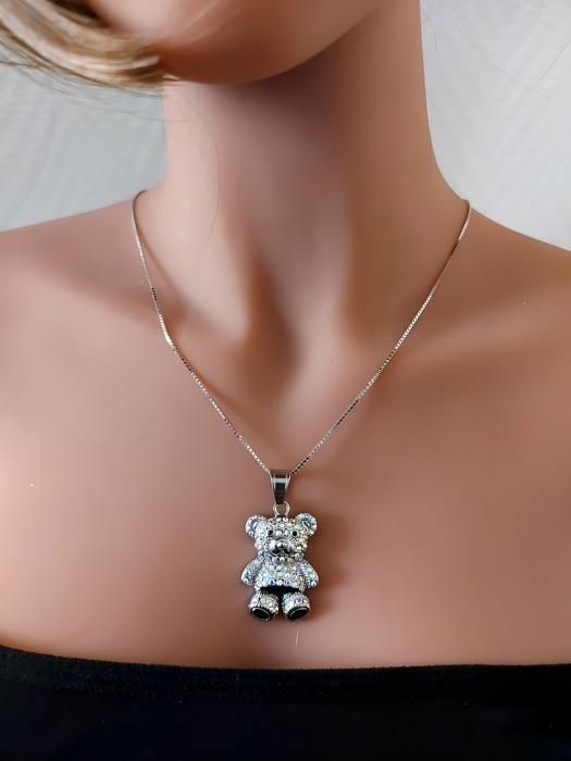 Chaîne et Pendentif Ourson Cristal Swarovski Elements Argent Fin Rhodié