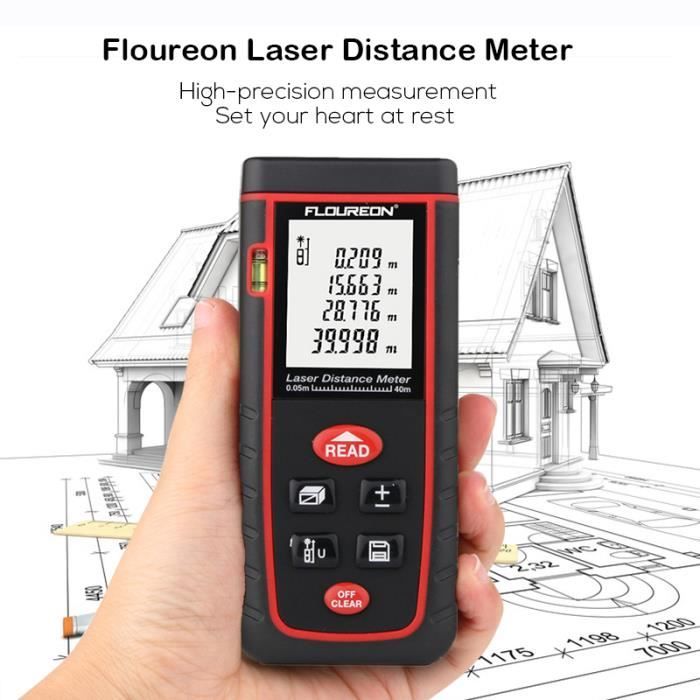 Floureon Télémètre laser 0.05 to 40m Haute précision Laser Distance Meter AAA